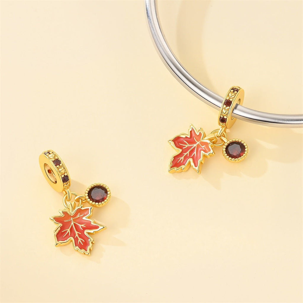 Golden Maple Leaf & Red Crystal Dangle Charm