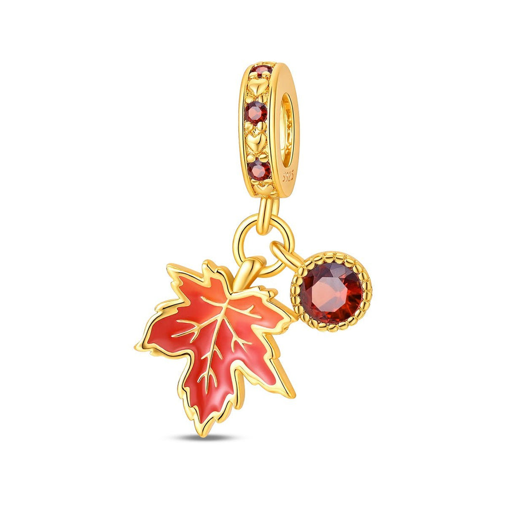 Golden Maple Leaf & Red Crystal Dangle Charm