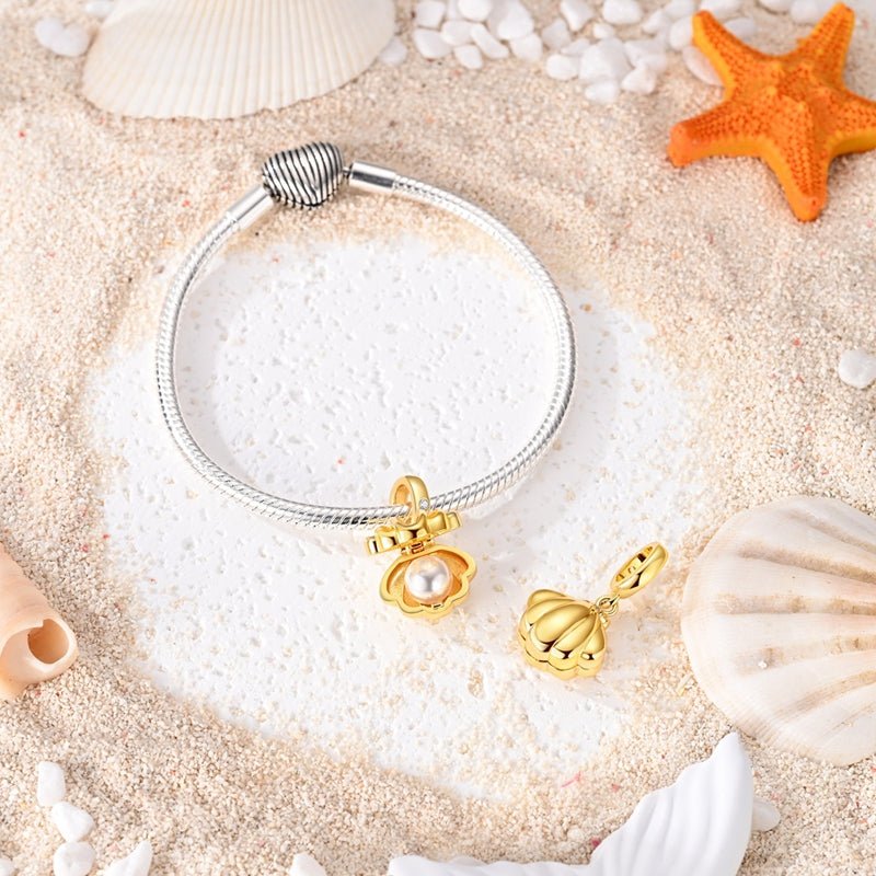 Golden Opening Seashell Pearl Dangle Charm