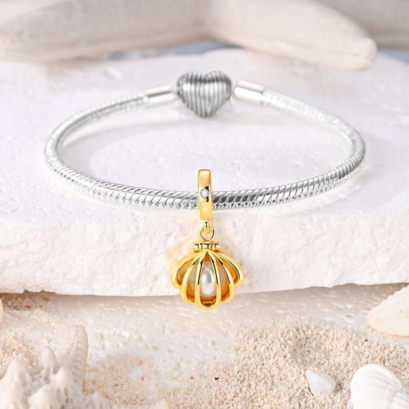 Golden Opening Seashell Pearl Dangle Charm