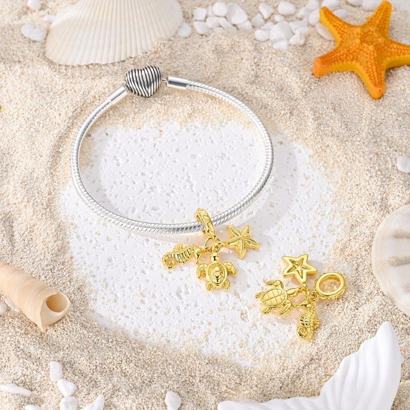 Golden Sea Turtle, Seahorse & Starfish Dangle Charm