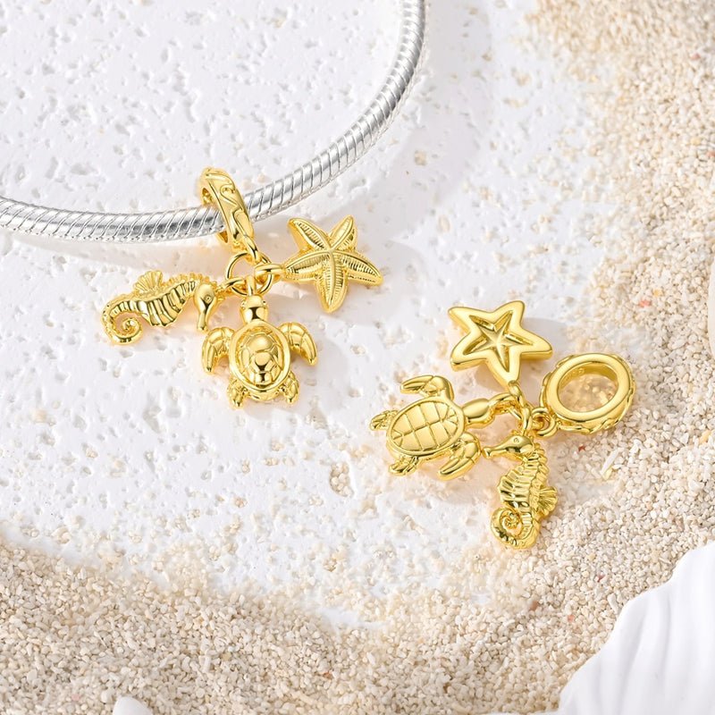 Golden Sea Turtle, Seahorse & Starfish Dangle Charm