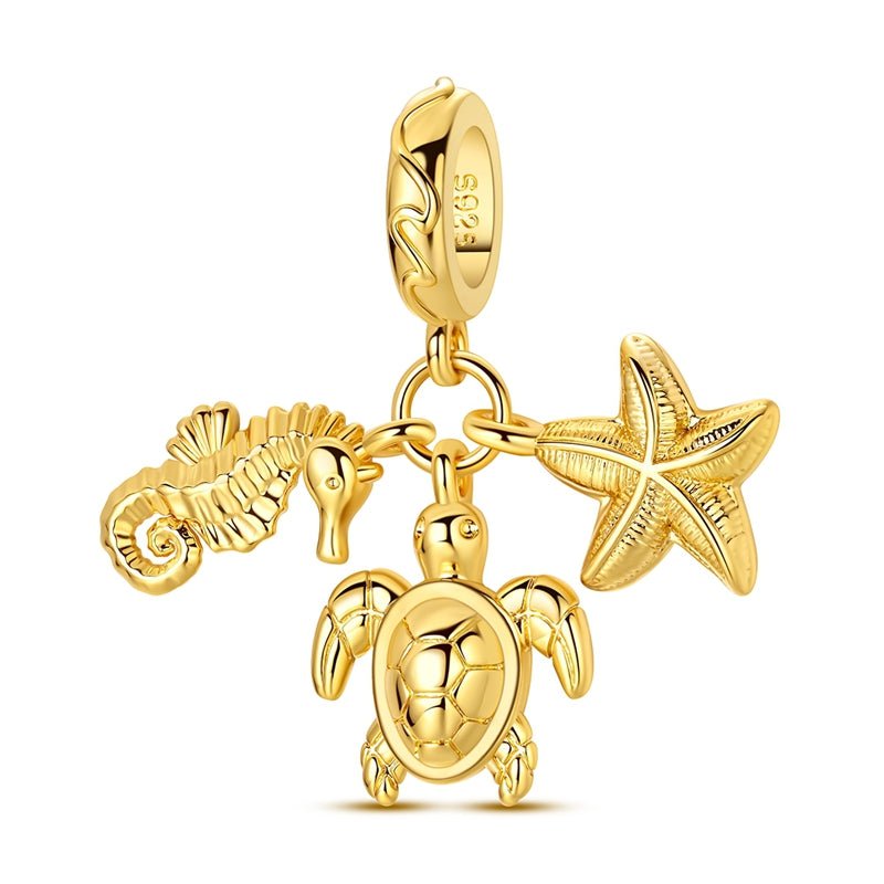 Golden Sea Turtle, Seahorse & Starfish Dangle Charm
