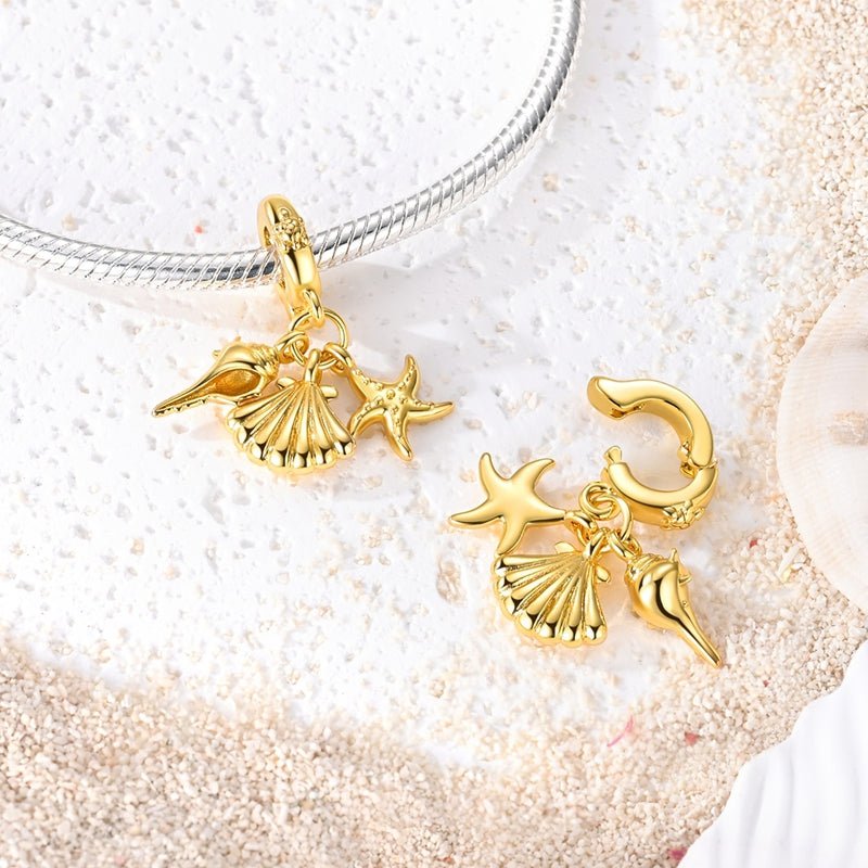 Golden Seashell, Starfish & Conch Dangle Charm