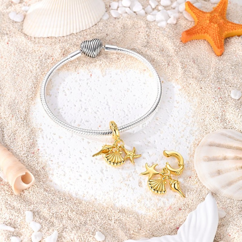 Golden Seashell, Starfish & Conch Dangle Charm