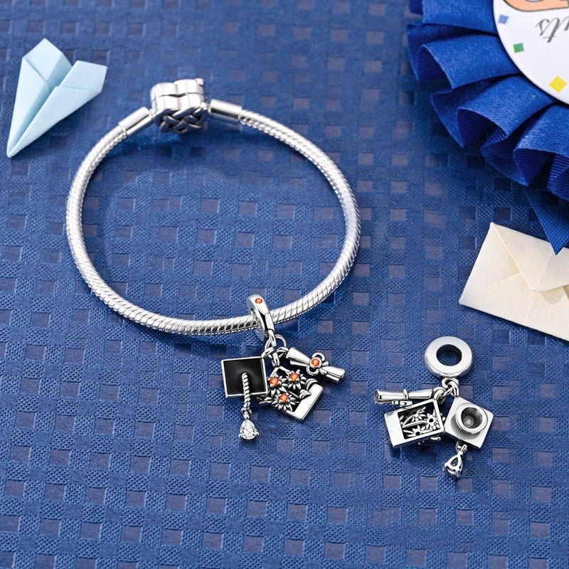 Graduation Cap, Diploma & Flower Bouquet Dangle Charm