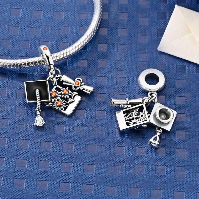 Graduation Cap, Diploma & Flower Bouquet Dangle Charm