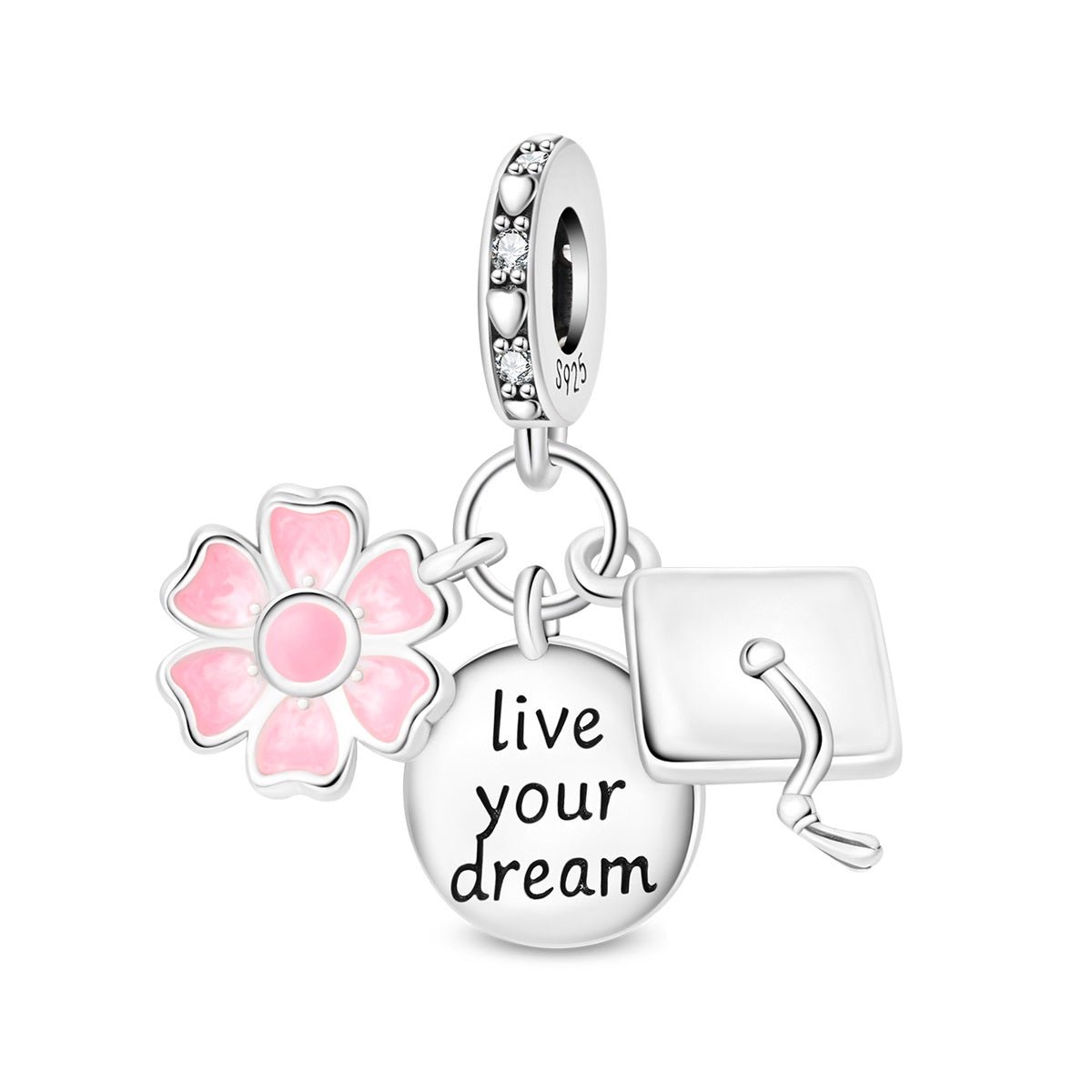 Graduation Cap, Pink Flower & “Live Your Dream” Dangle Charm