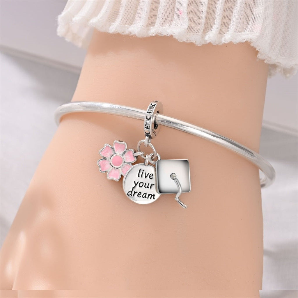 Graduation Cap, Pink Flower & “Live Your Dream” Dangle Charm