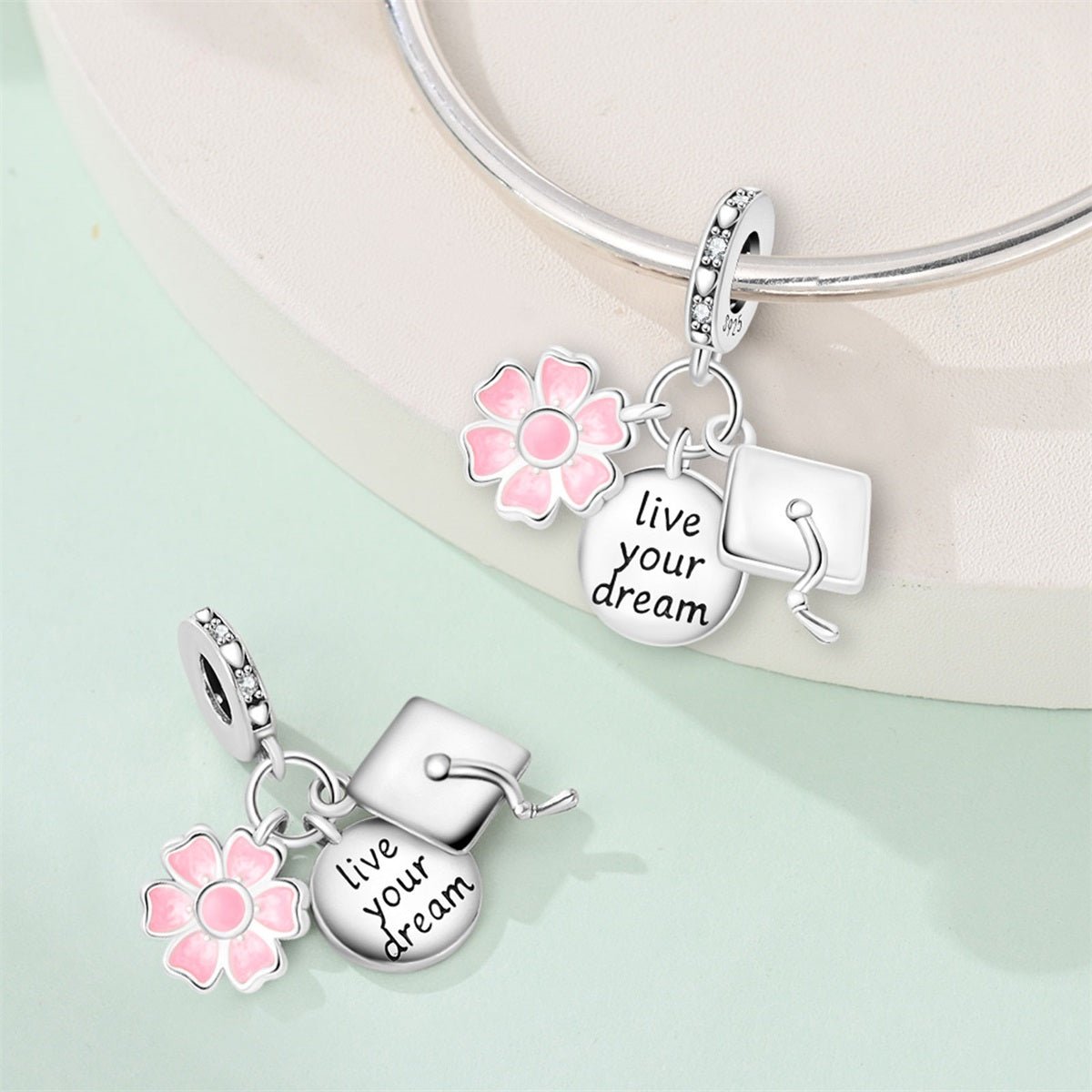 Graduation Cap, Pink Flower & “Live Your Dream” Dangle Charm
