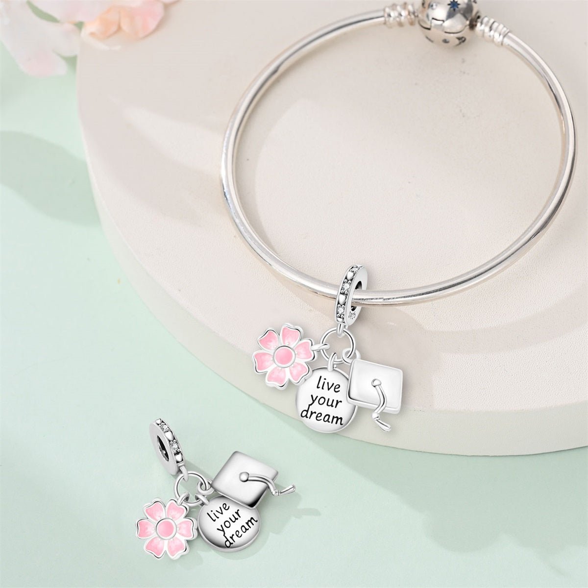 Graduation Cap, Pink Flower & “Live Your Dream” Dangle Charm