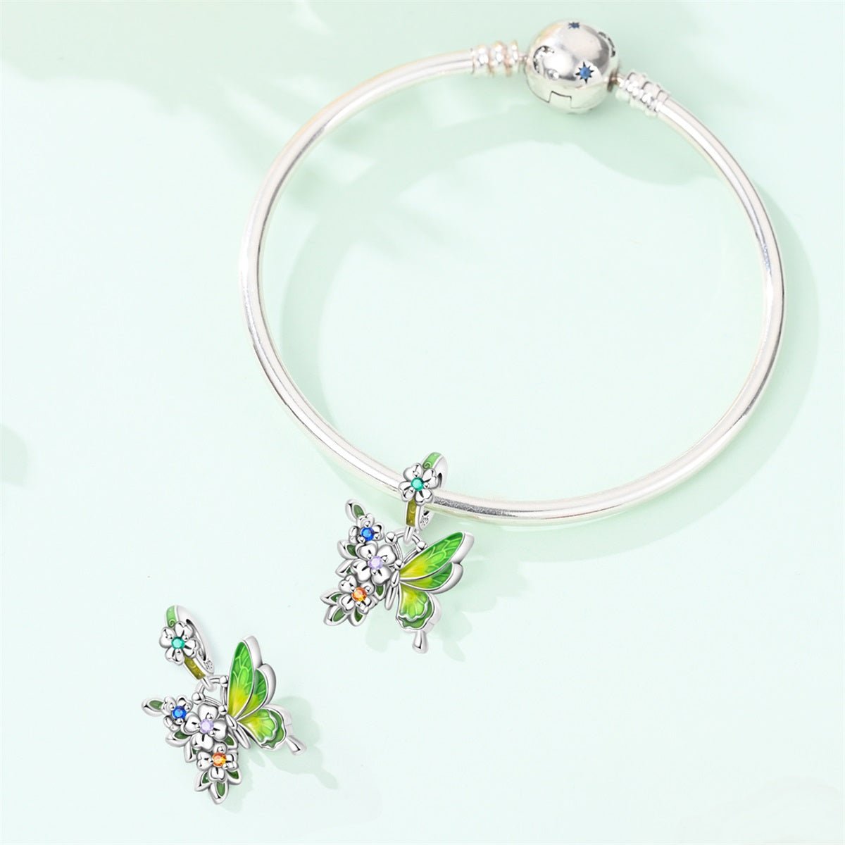 Green Butterfly & Multicolor Flower Dangle Charm