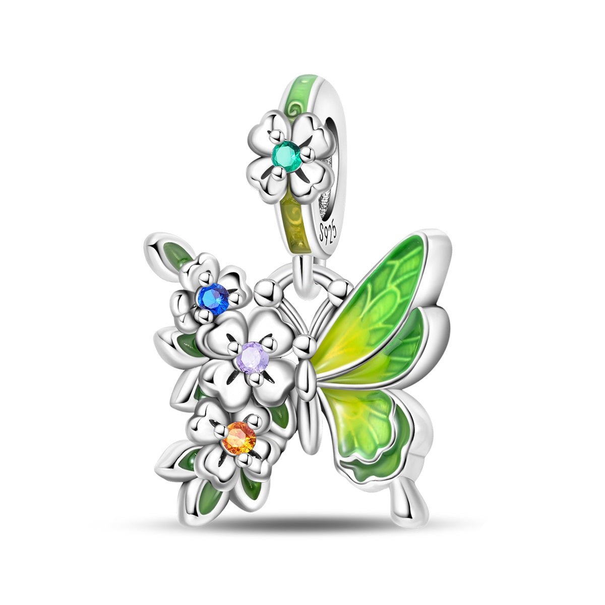 Green Butterfly & Multicolor Flower Dangle Charm