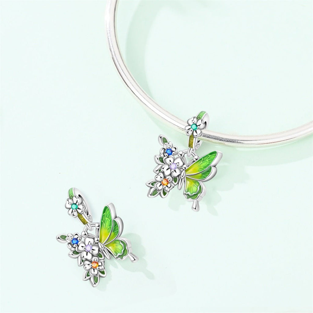 Green Butterfly & Multicolor Flower Dangle Charm