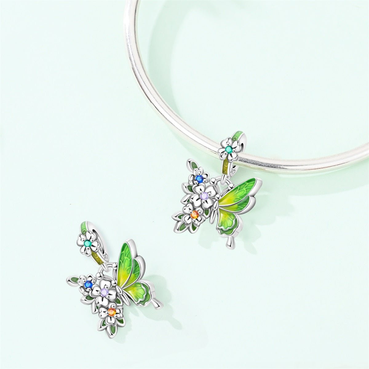 Green Butterfly & Multicolor Flower Dangle Charm