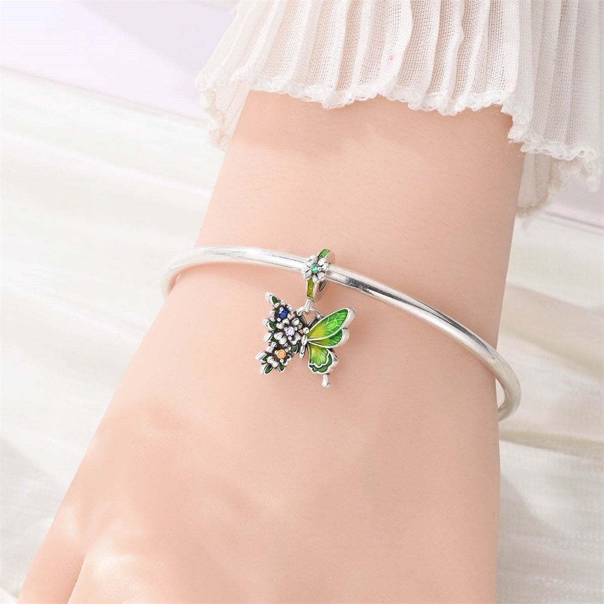 Green Butterfly & Multicolor Flower Dangle Charm