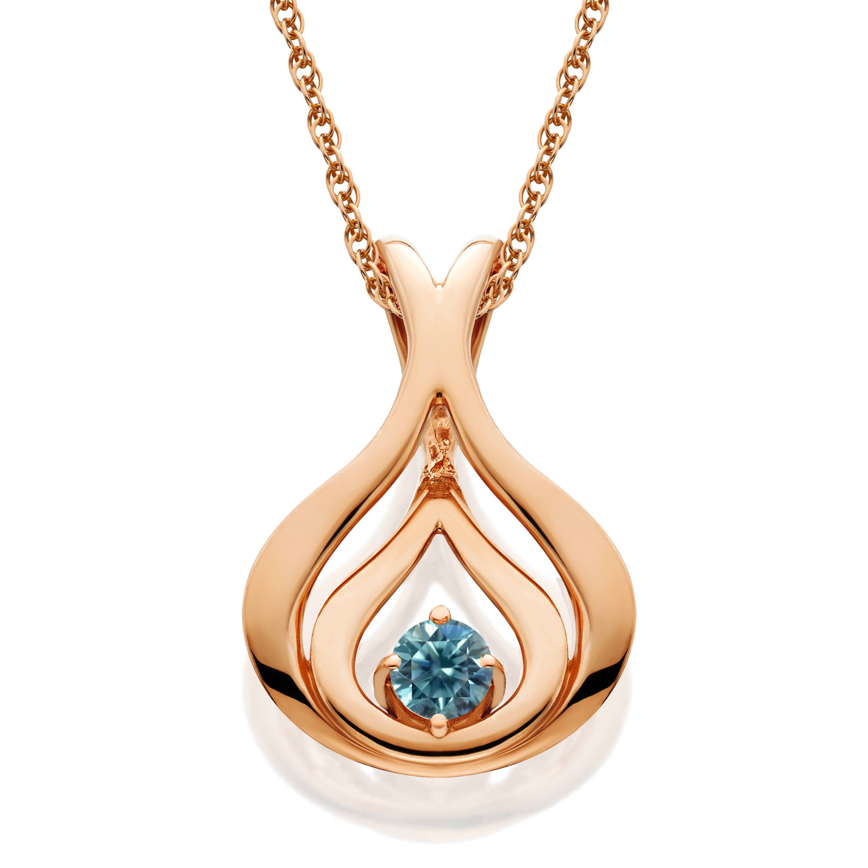 Blue Diamond Solitaire Pendant & Chain 14k Rose Gold 5/8" Tall
