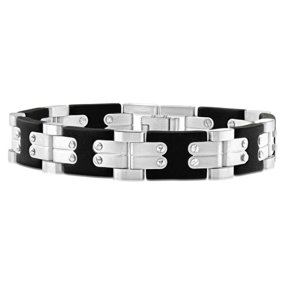 Men's Polished Steel Brushed Black Two Tone Flexible 12mm Link  8 " Bracelet