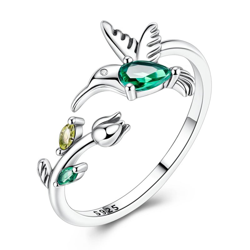 Hummingbird with Green Crystal & Floral Adjustable Ring