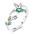 Hummingbird with Green Crystal & Floral Adjustable Ring