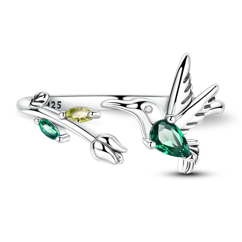 Hummingbird with Green Crystal & Floral Adjustable Ring