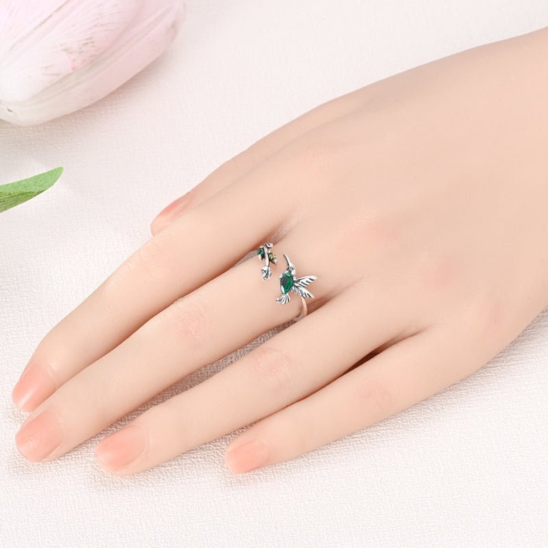Hummingbird with Green Crystal & Floral Adjustable Ring