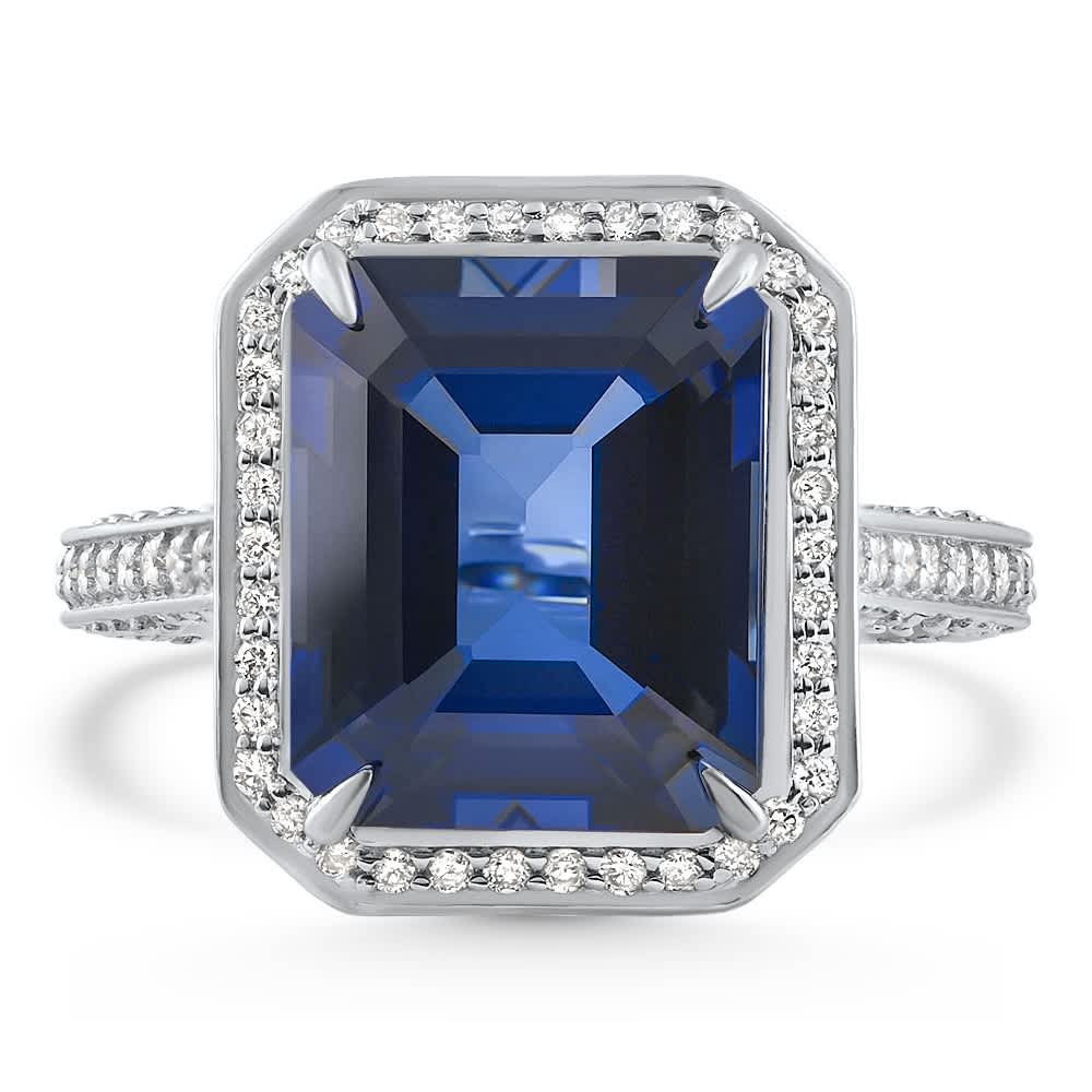 17.45Ct Emerald Cut Blue Sapphire Diamond Ring 14k White Gold Lab Grown Size: 6.5