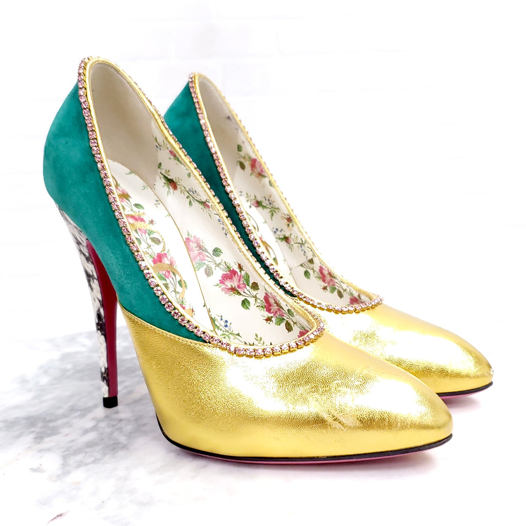 GUCCI GOLD HEELS WITH STONES AND SNAKESKIN HEEL ($1600) - SIZE 37
