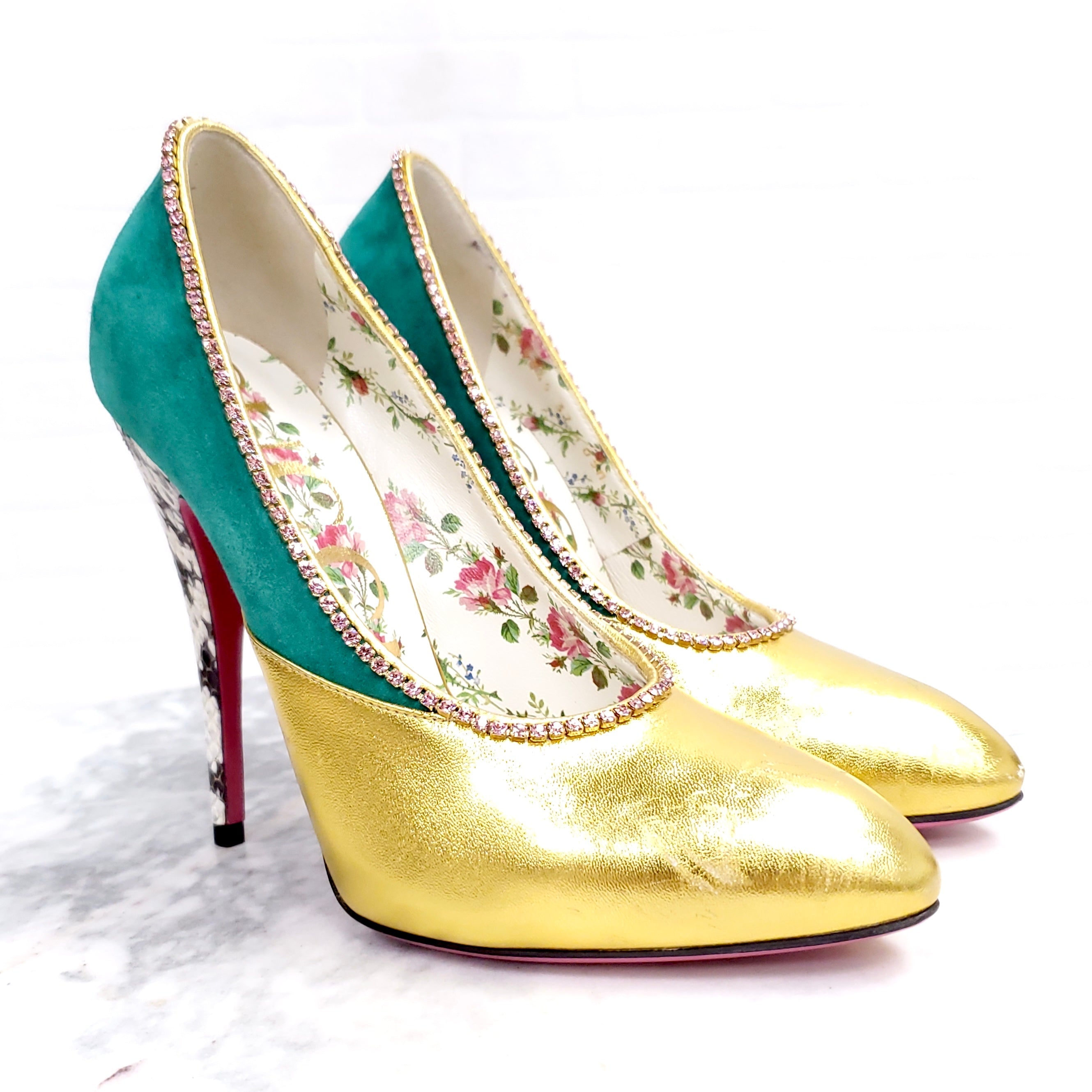 GUCCI GOLD HEELS WITH STONES AND SNAKESKIN HEEL ($1600) - SIZE 37