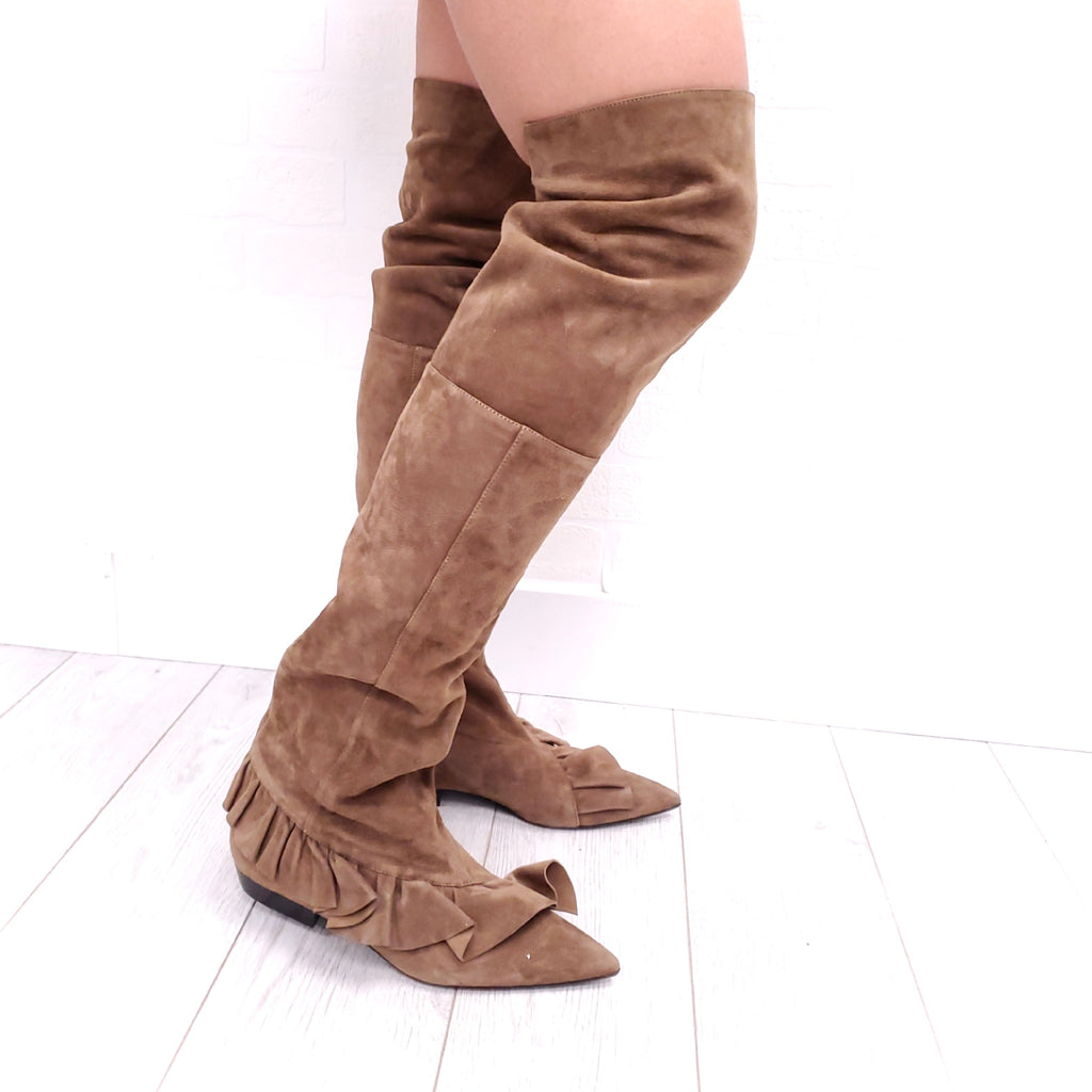 J.W.ANDERSON THIGH HIGH BROWN SUEDE BOOTS WITH RUFFLE DETAIL ($1200) - SIZE 39