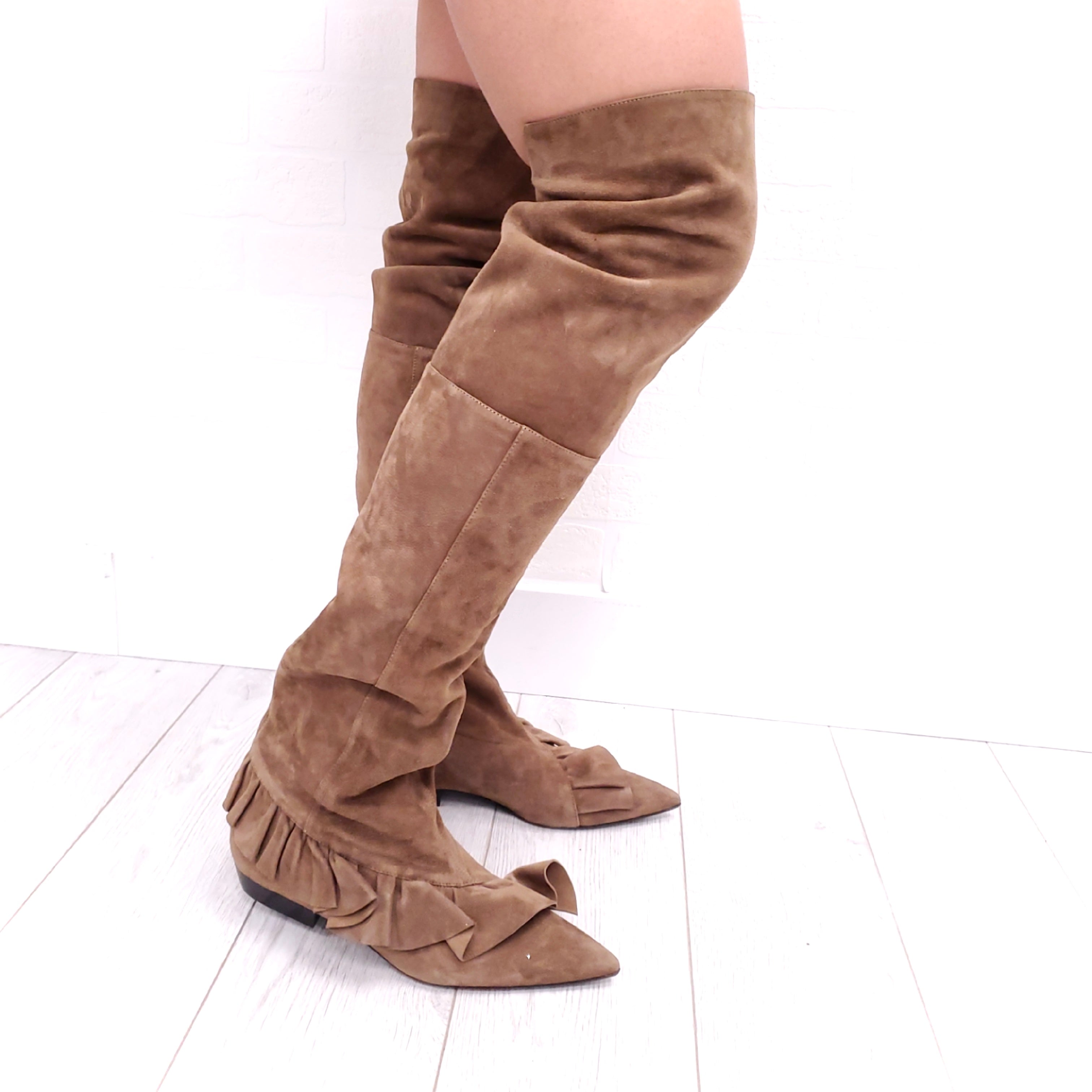 J.W.ANDERSON THIGH HIGH BROWN SUEDE BOOTS WITH RUFFLE DETAIL ($1200) - SIZE 39