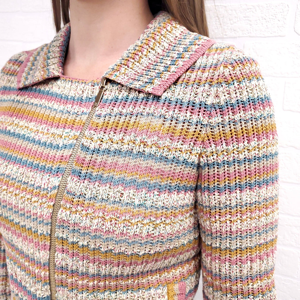 CHANEL STRIPE KNIT ZIP UP SWEATER - SIZE 34