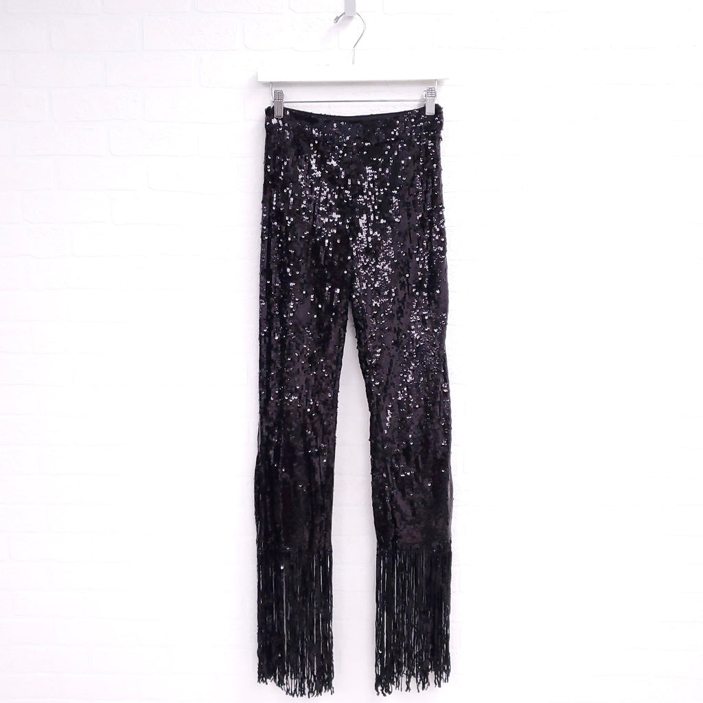 ELLERY PANTS WITH SEQUIN FRINGE HEM DETAIL - SIZE 38