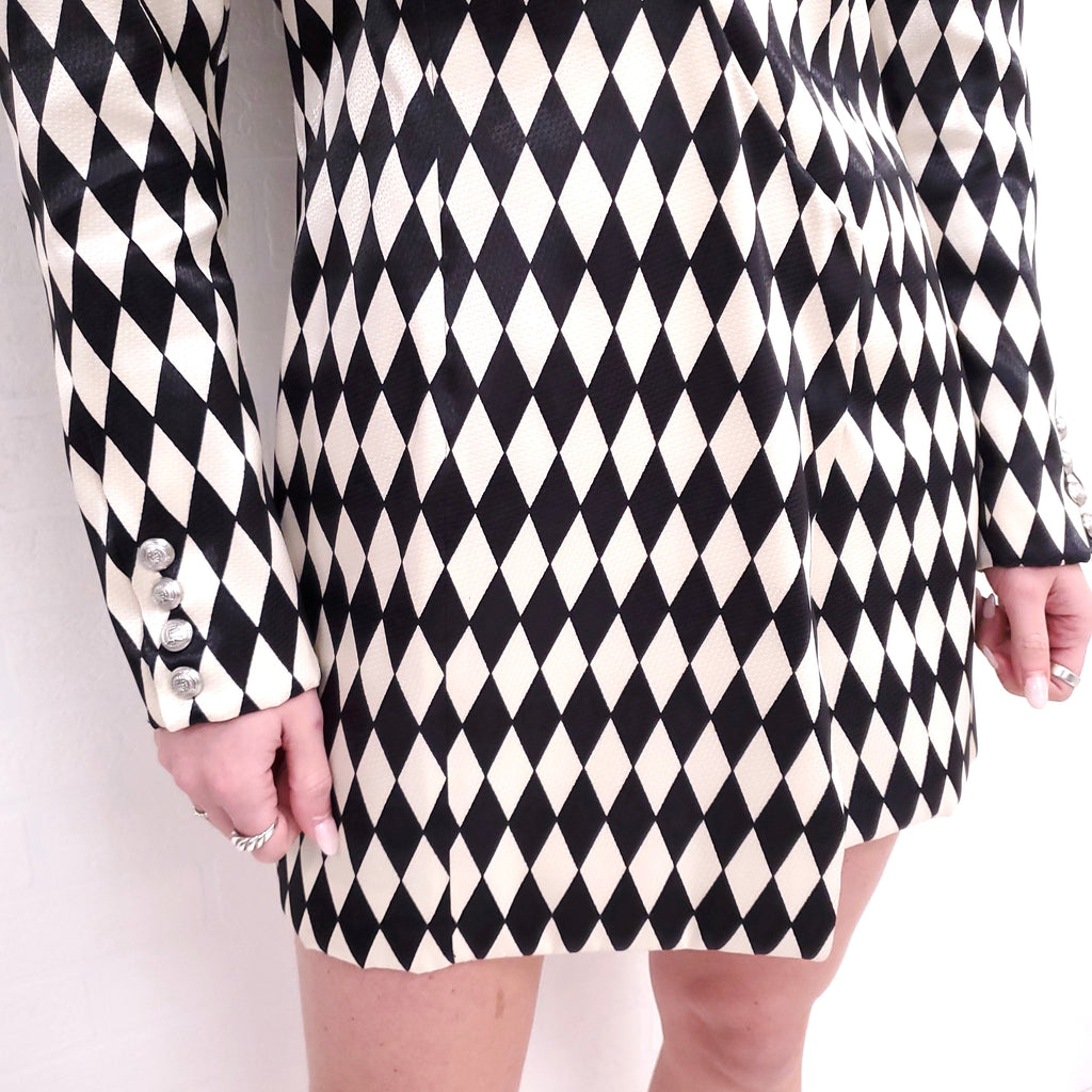 BALMAIN CREAM/BLACK DIAMOND PATTERN DRESS - SIZE 40