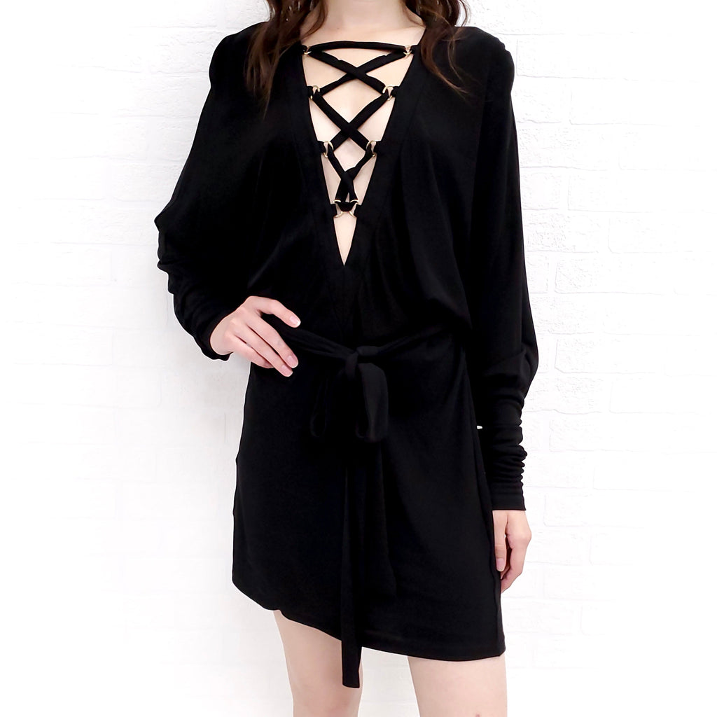 BALMAIN BLACK LACE UP DRESS WITH BELT - SIZE 36