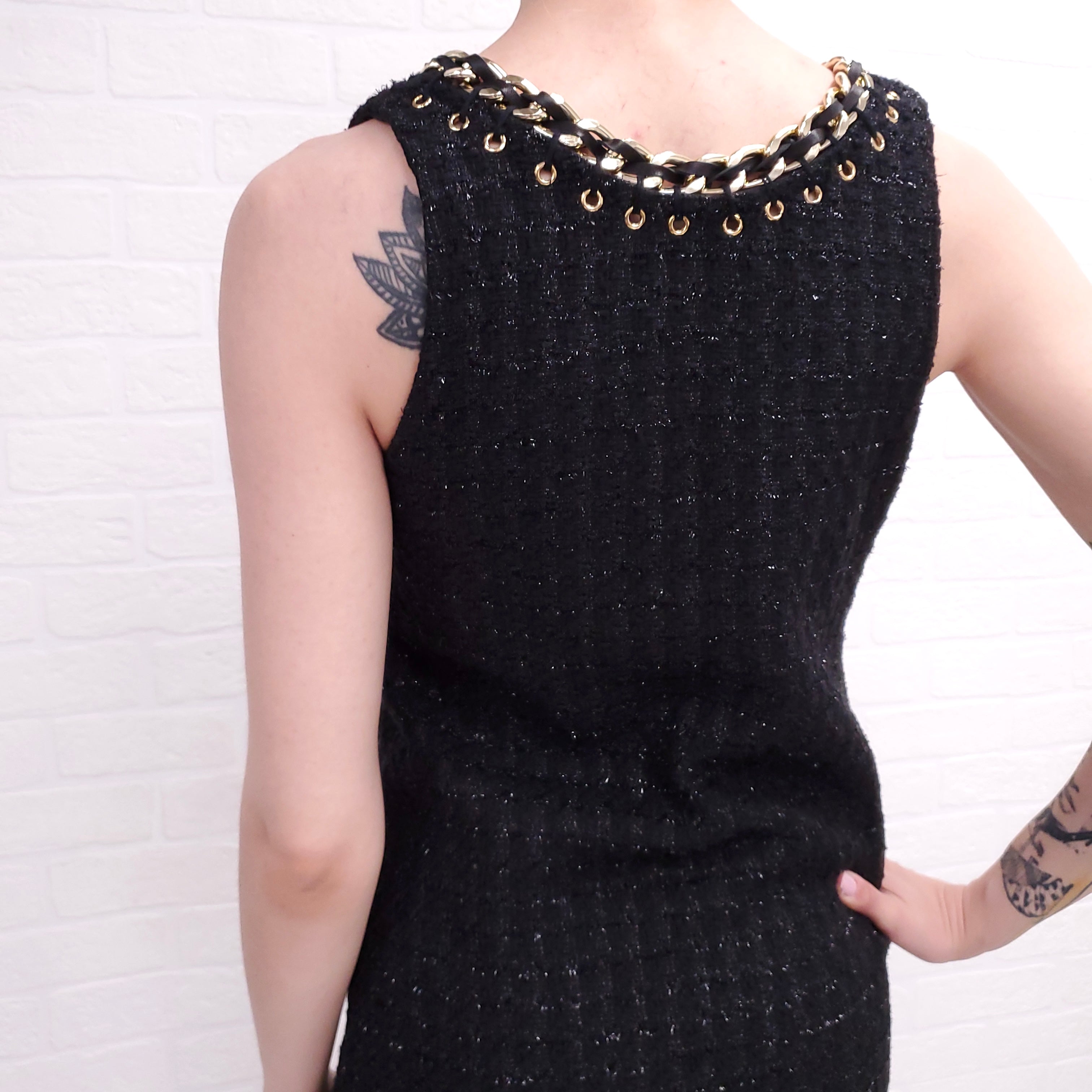 BALMAIN TWEED BLACK DRESS WITH GOLD DETAIL ($3000) - SIZE 36
