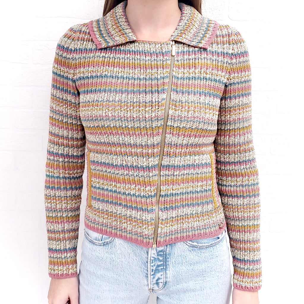 CHANEL STRIPE KNIT ZIP UP SWEATER - SIZE 34