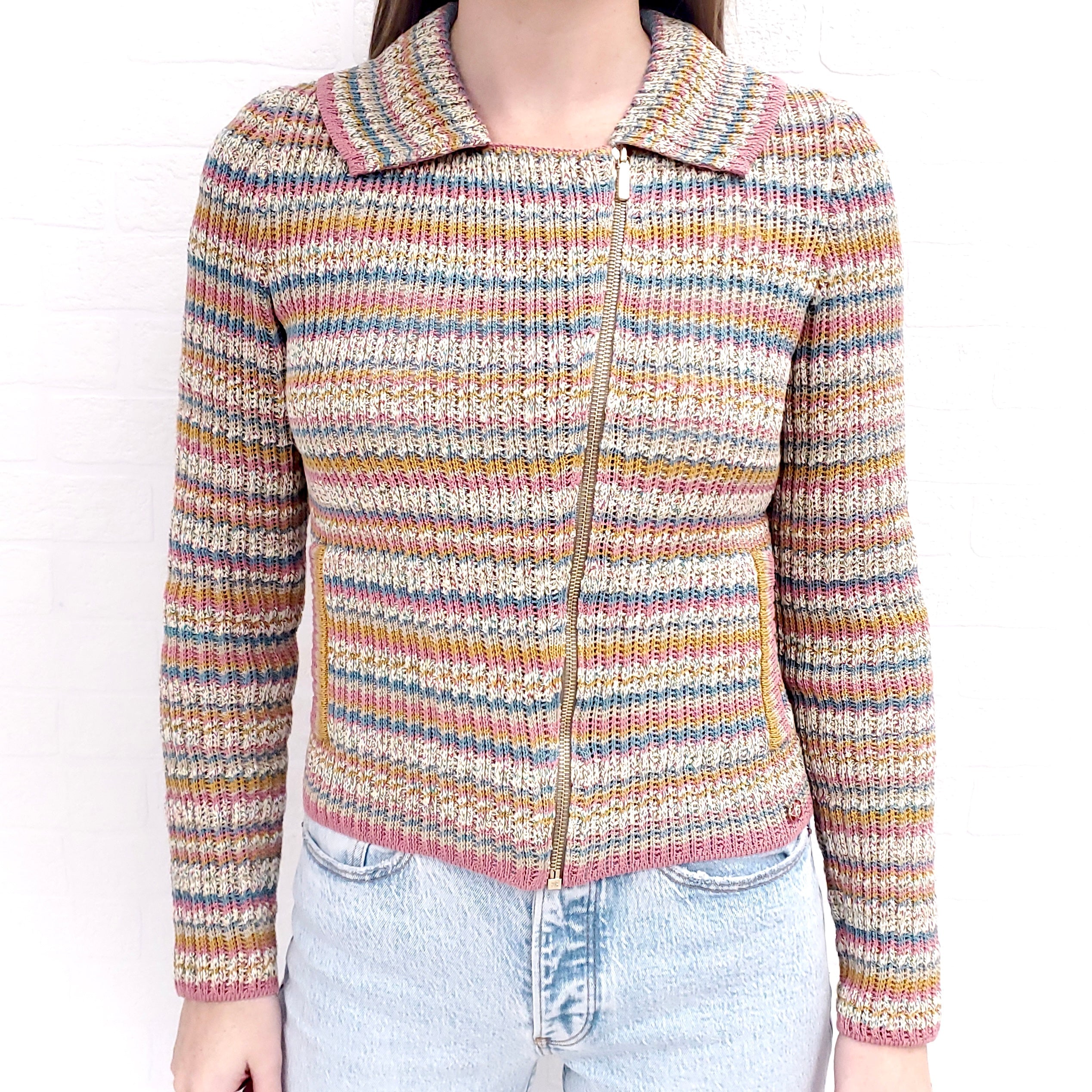 CHANEL STRIPE KNIT ZIP UP SWEATER - SIZE 34