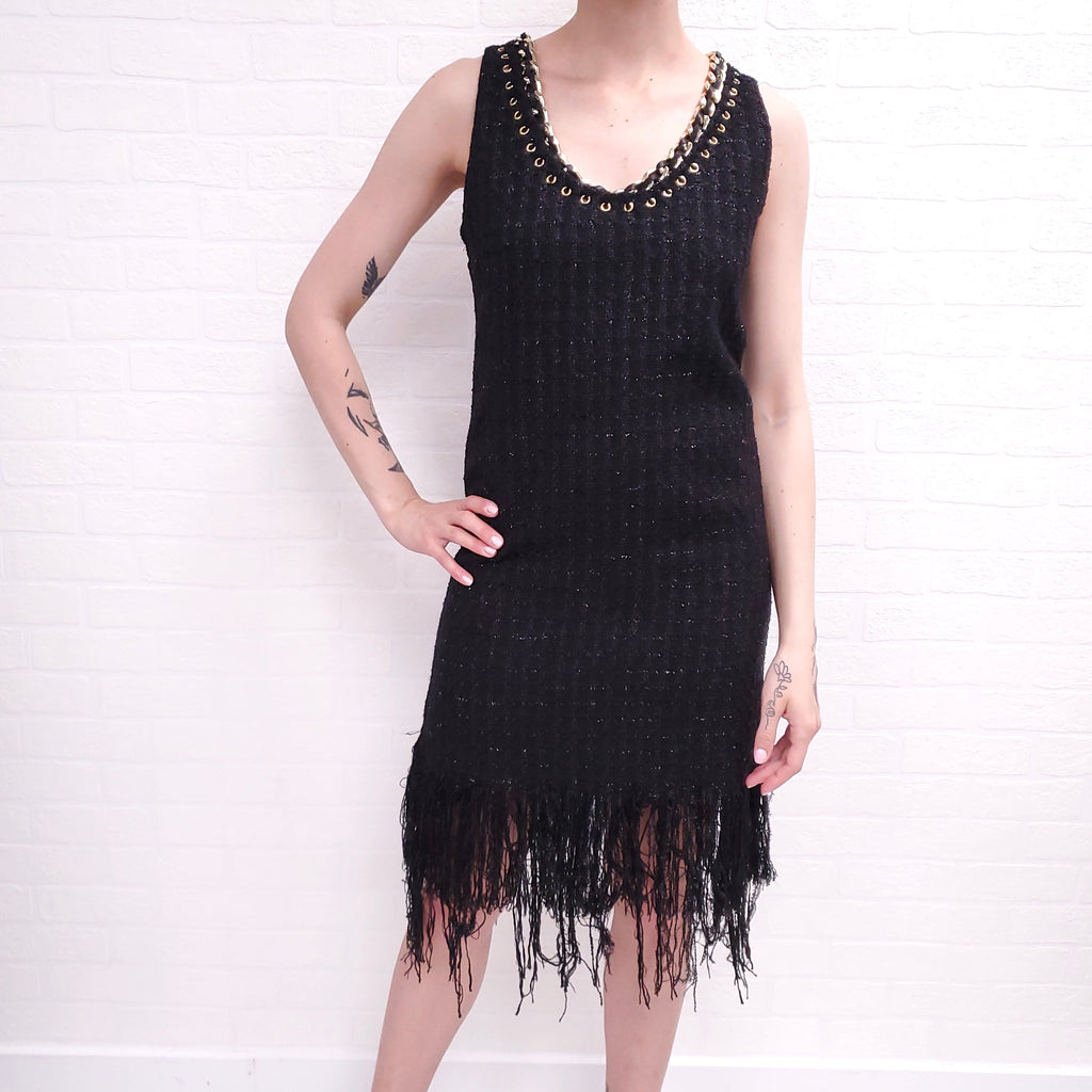 BALMAIN TWEED BLACK DRESS WITH GOLD DETAIL ($3000) - SIZE 36