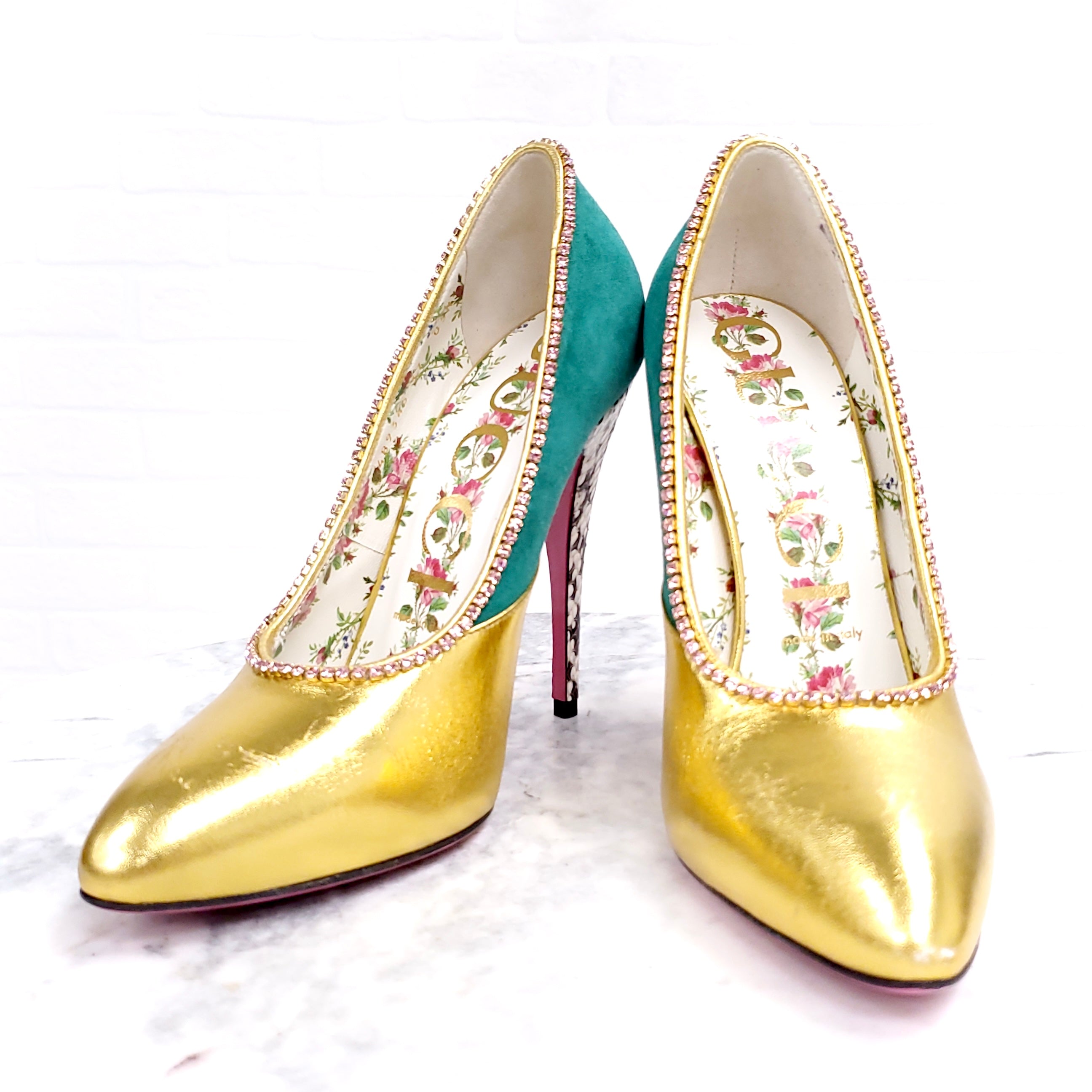GUCCI GOLD HEELS WITH STONES AND SNAKESKIN HEEL ($1600) - SIZE 37