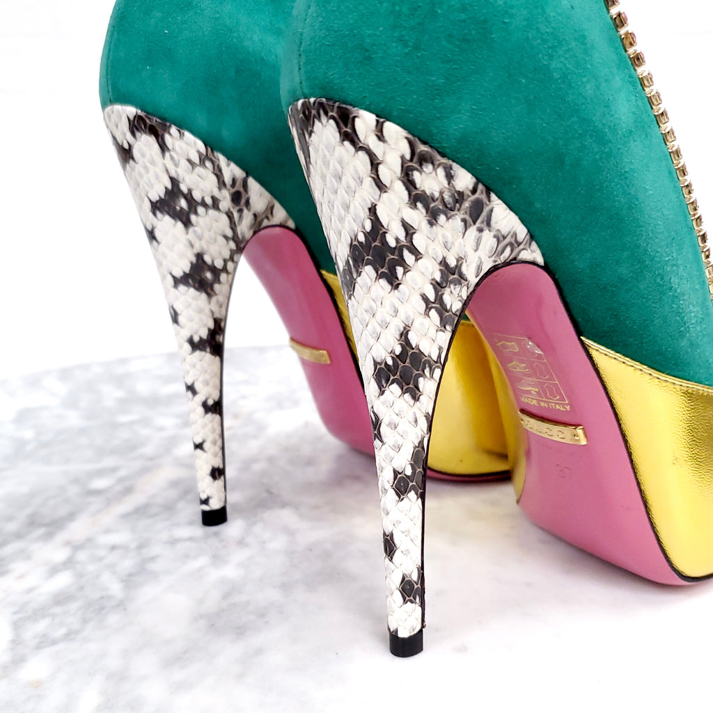 GUCCI GOLD HEELS WITH STONES AND SNAKESKIN HEEL ($1600) - SIZE 37