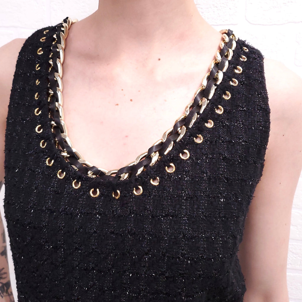 BALMAIN TWEED BLACK DRESS WITH GOLD DETAIL ($3000) - SIZE 36