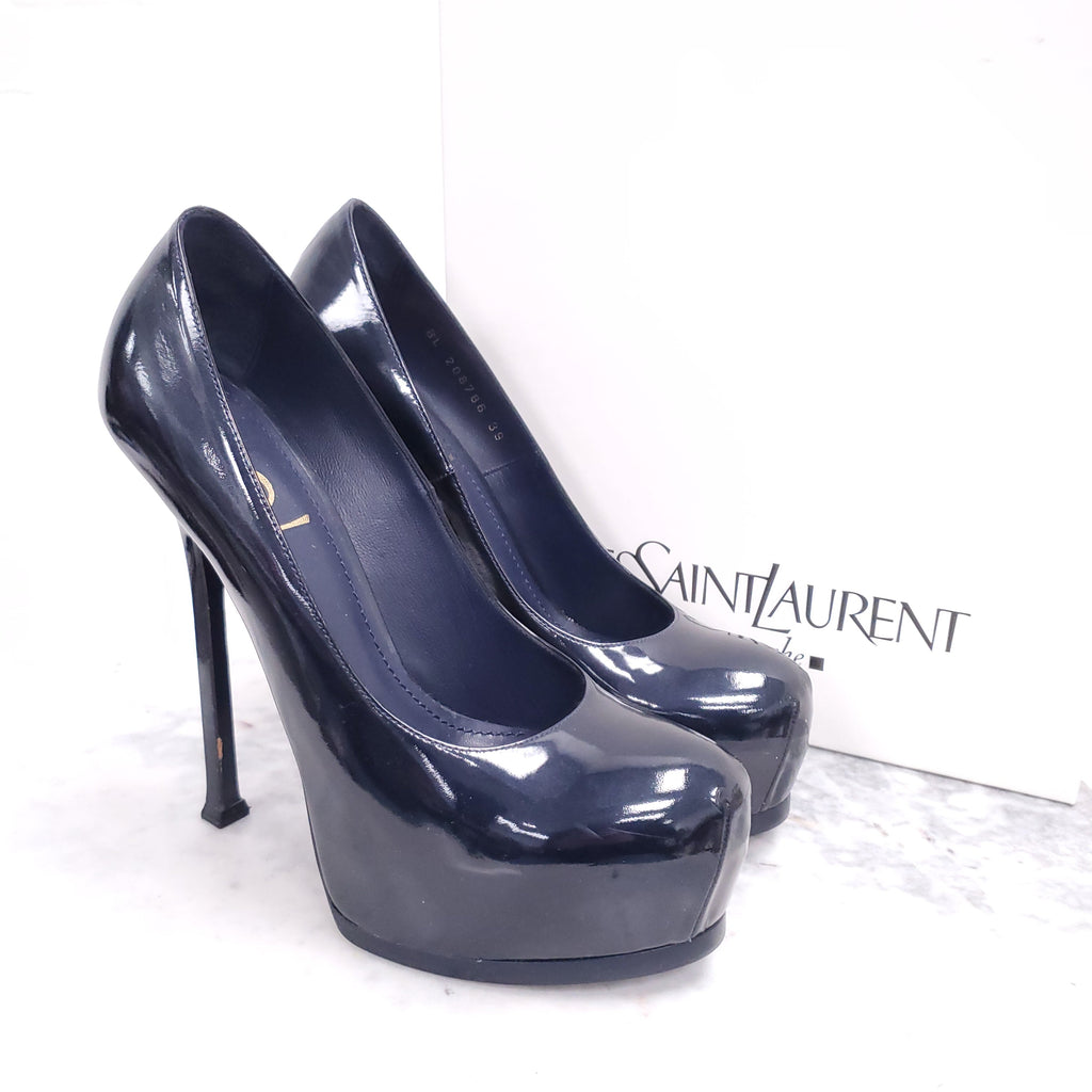 YVES SAINT LAURENT NAVY PATENT TRIBUTE PLATFORM HEELS - SIZE 39