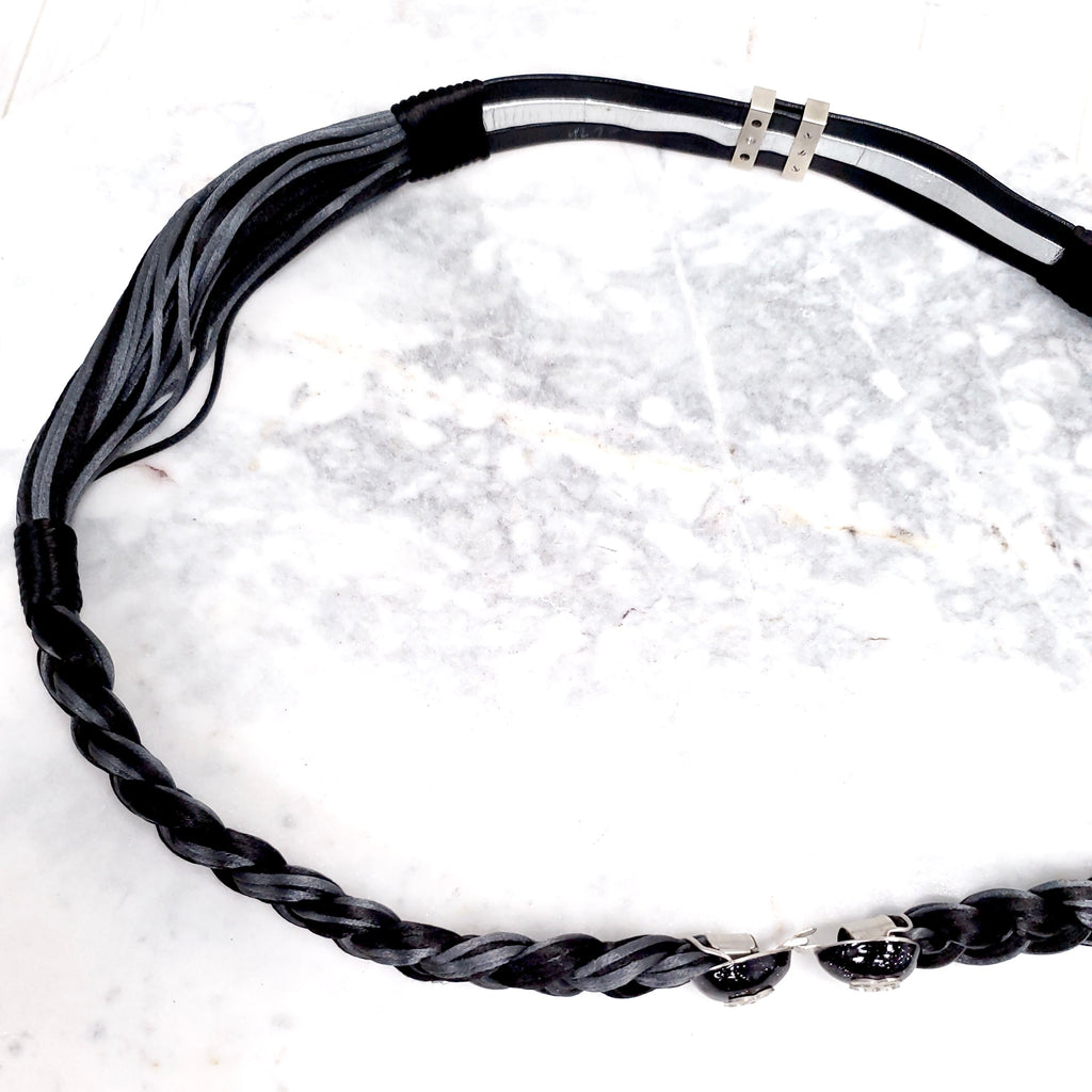 CHANEL BLACK AND GREY WOVEN BELT WITH LOGO CLASP - SIZE 100