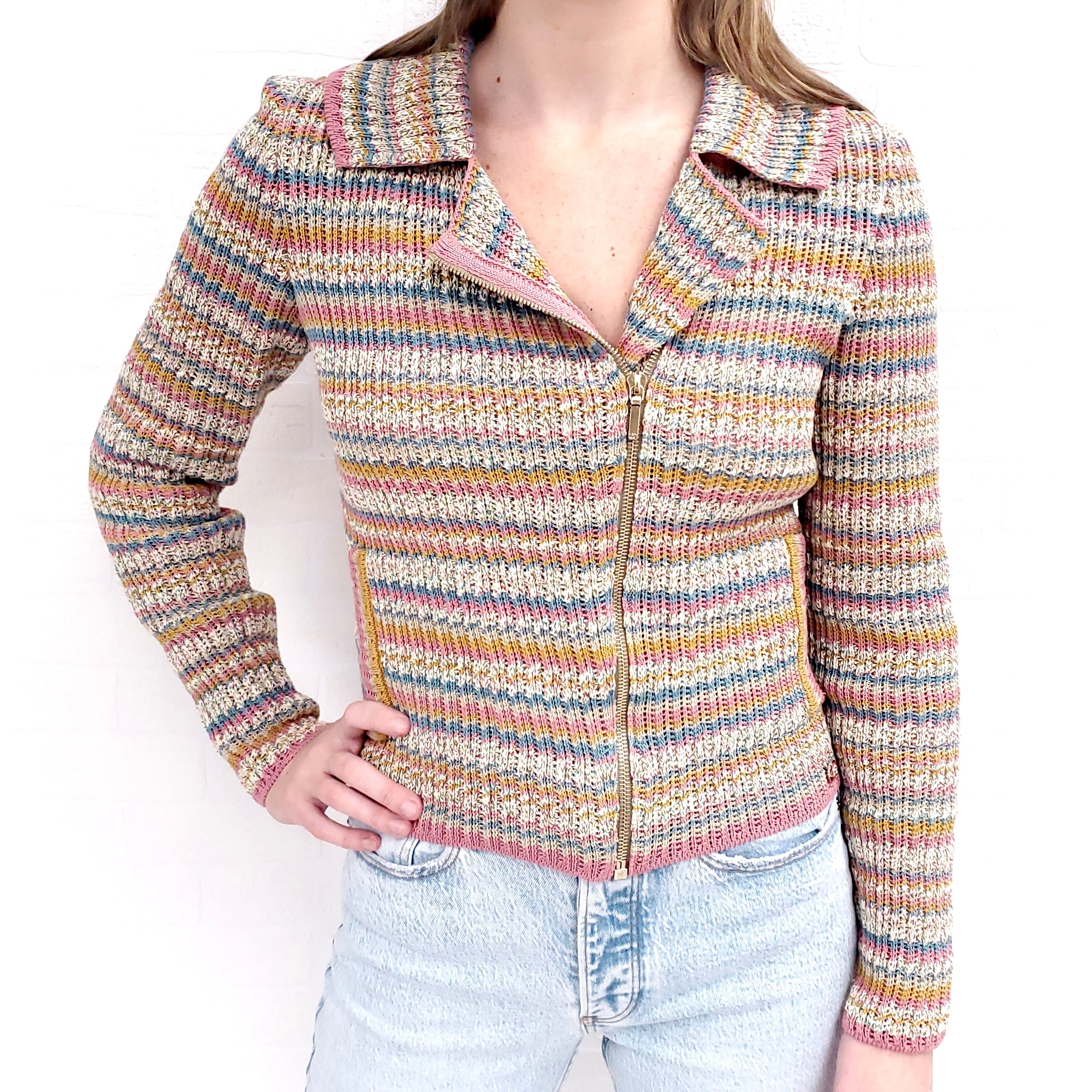 CHANEL STRIPE KNIT ZIP UP SWEATER - SIZE 34
