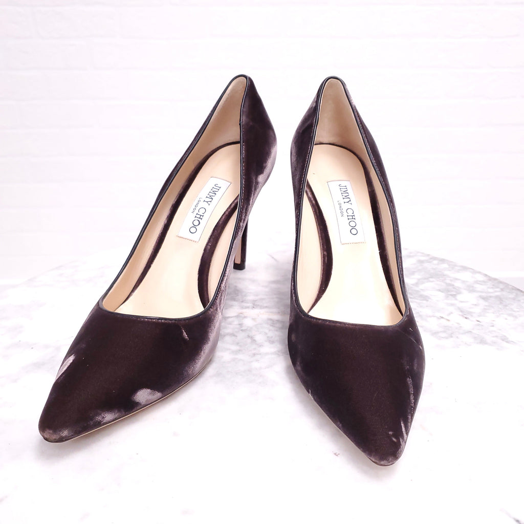 JIMMY CHOO DARK MAUVE VELVET ROMY 100 HEELS - SIZE 42