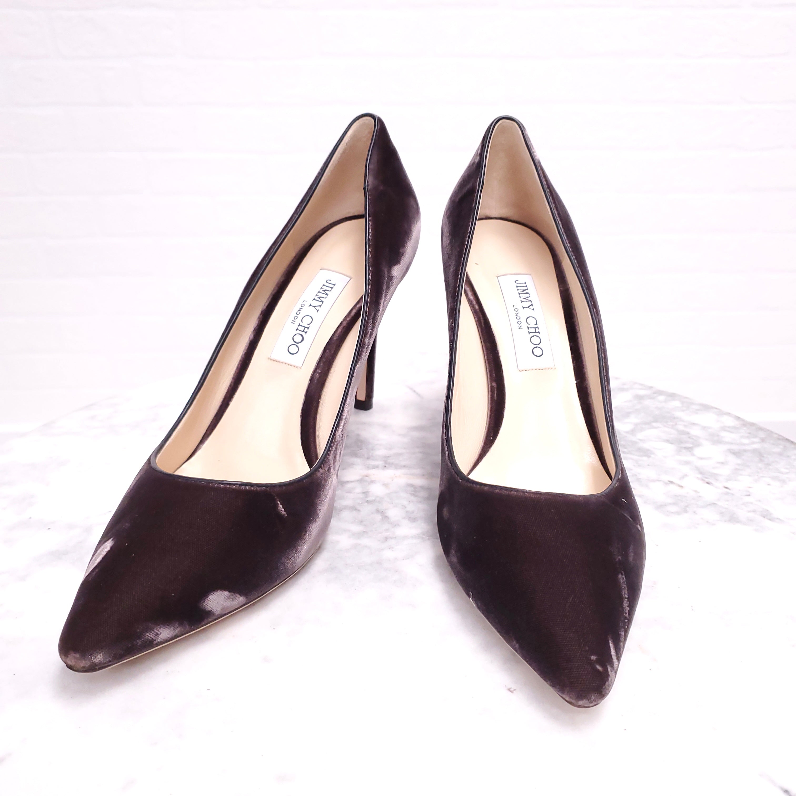 JIMMY CHOO DARK MAUVE VELVET ROMY 100 HEELS - SIZE 42