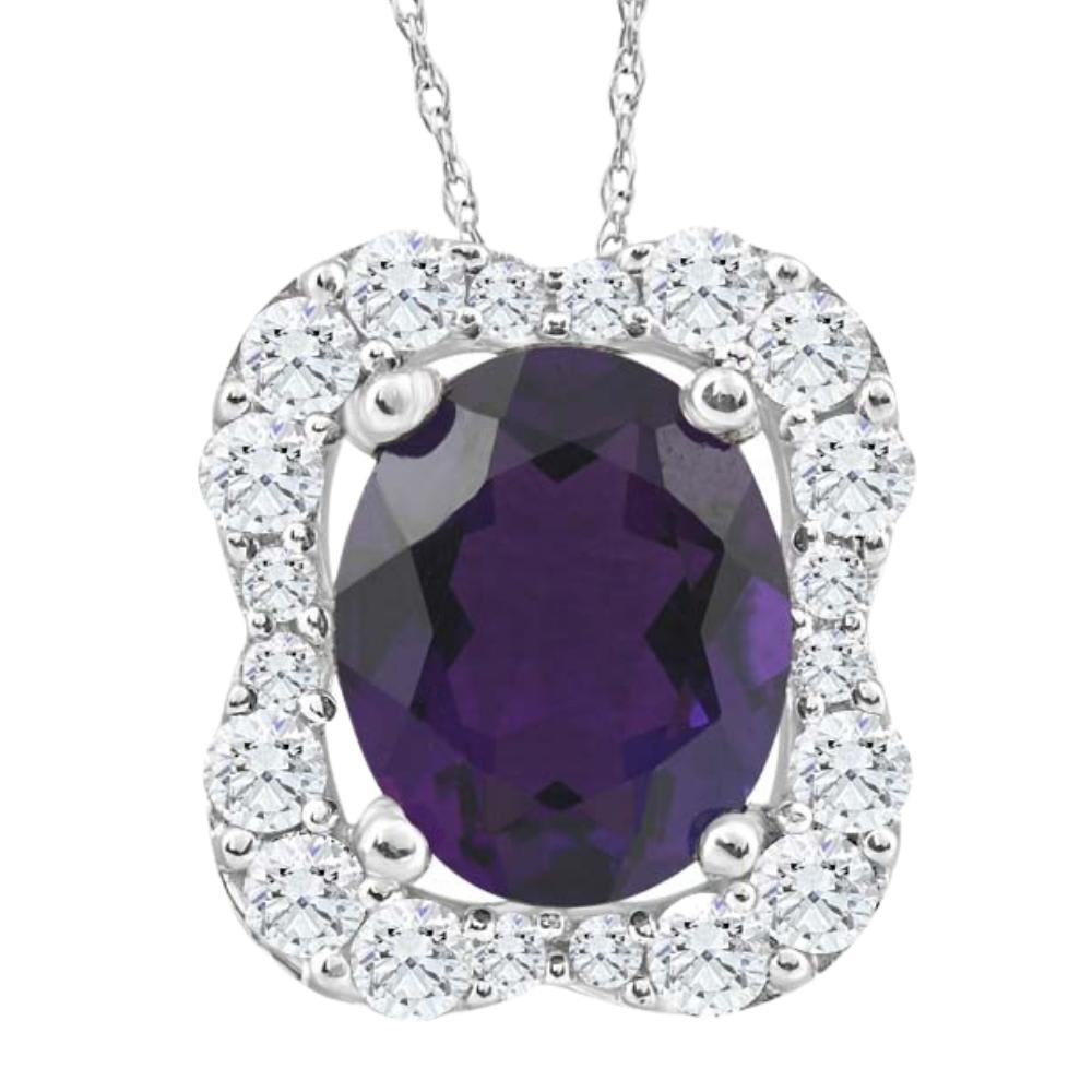 3 3/4Ct Oval Amethyst Diamond Pendant 10k White Gold Women's Neklace
