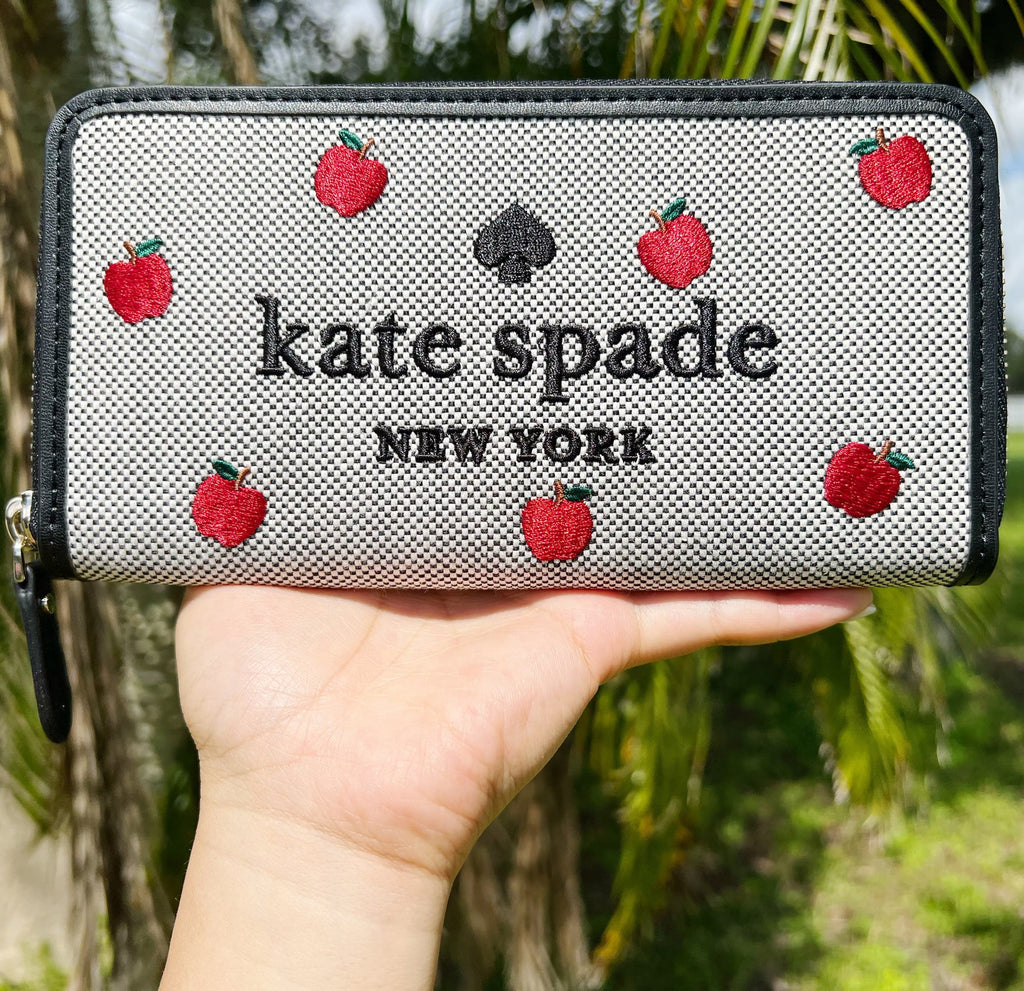 Kate Spade Ella Apple Toss Embroidered Large Continental Zip Wallet Black Multi