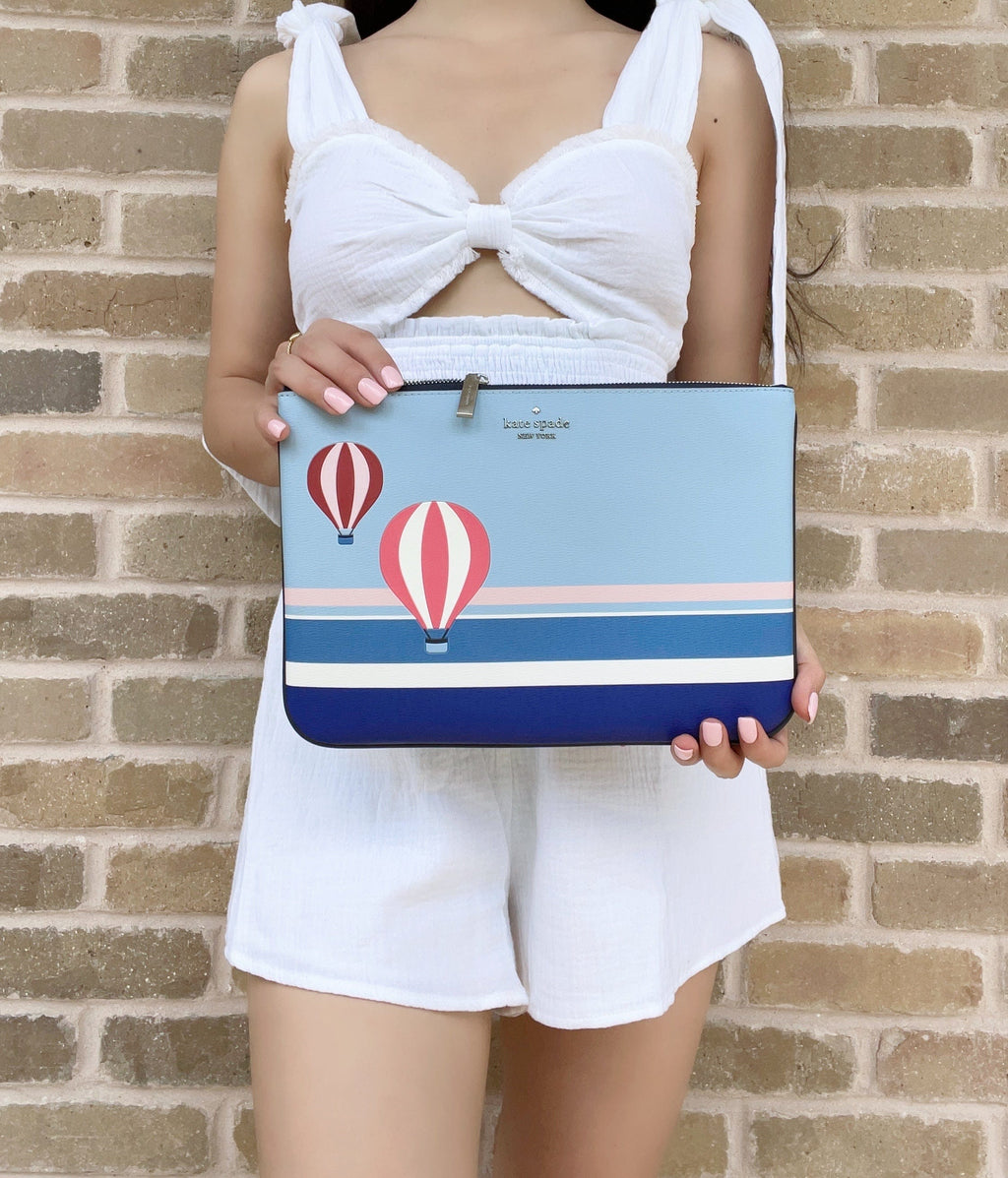 Kate Spade Up up And Away Hot Air Balloon Large Zip Pouch Blue Multi Leather
